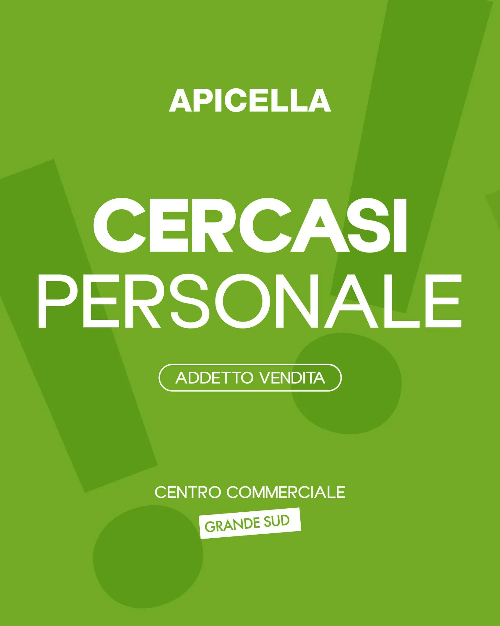 Entra nel mondo Apicella 👟✨
Siamo alla ricerca di un/una addetto/a alle vendite!

📍 Centro Commerciale Grande Sud - Giugliano
Hai esperienza nella vendita o vuoi metterti in gioco?
✉️ Inviaci una mail a: apicellatrentola@libero.it
Con la tua candidatura! 🫵